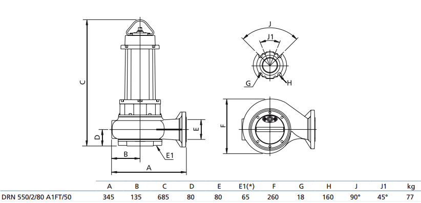 Габаритный чертеж насоса Zenit DRN 550/2/80 A1FT5