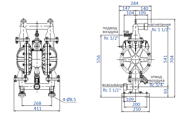 Габаритный чертеж насоса Yamada NDP-40BFH