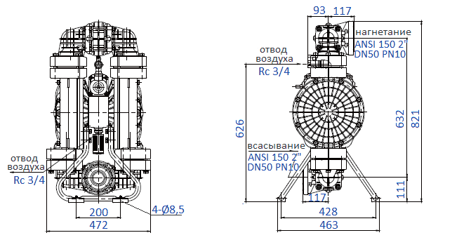 Габаритный чертеж насоса Yamada NDP-50BPS