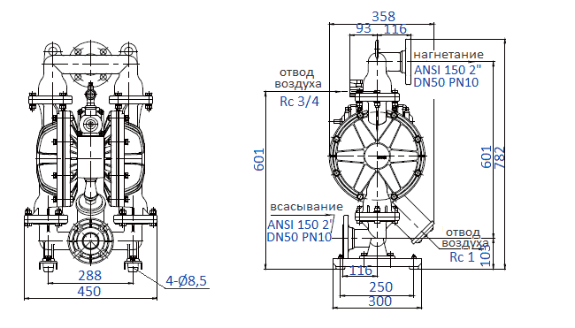 Габаритный чертеж насоса Yamada NDP-50BSS