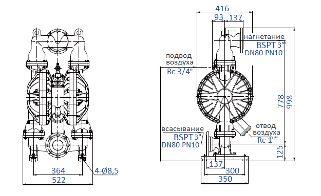 Габаритный чертеж насоса Yamada NDP-80BAH-RC