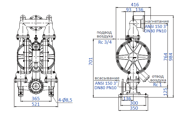 Габаритный чертеж насоса Yamada NDP-80BSS
