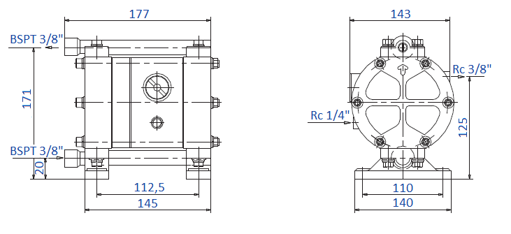 Габаритный чертеж насоса Yamada NDP-10BPT