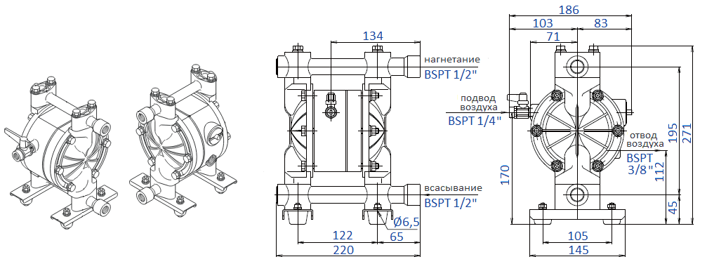 Габаритный чертеж насоса Yamada NDP-15BAT
