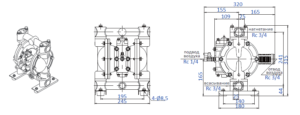 Габаритный чертеж насоса Yamada NDP-20BSS