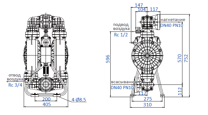 Габаритный чертеж насоса Yamada NDP-40BPS