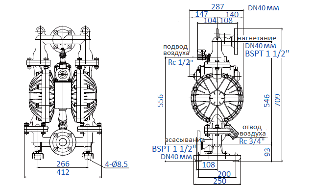 Габаритный чертеж насоса Yamada NDP-40BAS-RC