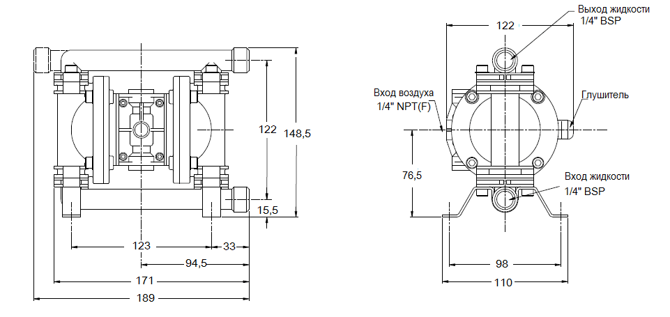 Габаритный чертеж насоса Sandpiper Standard E02B4S