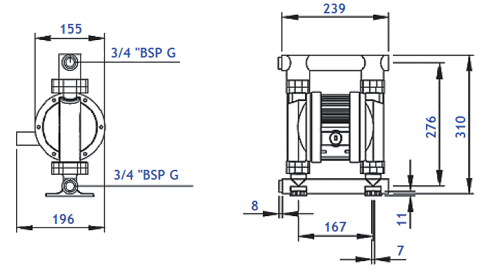 Размеры насоса Ruby 020A-P-TAS