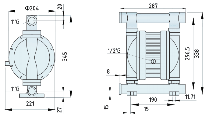 Размеры насоса Ruby 025S-P-ZSS