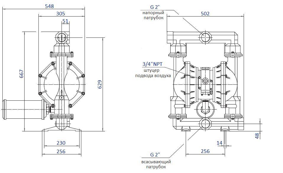 Габаритный чертеж насоса Flux FDM 50, корпус из AL, S, GG