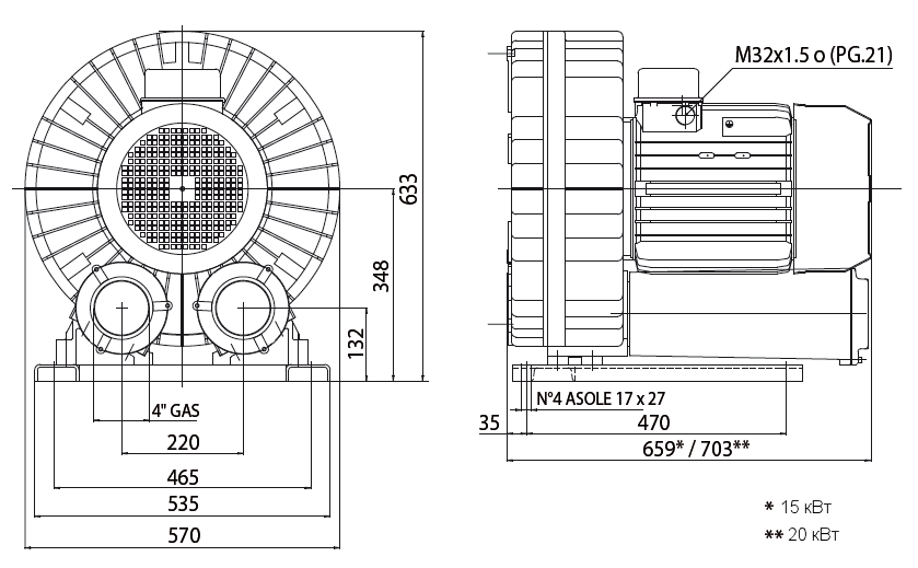 Габаритный чертеж воздуходувки Esam UNIJET 1500