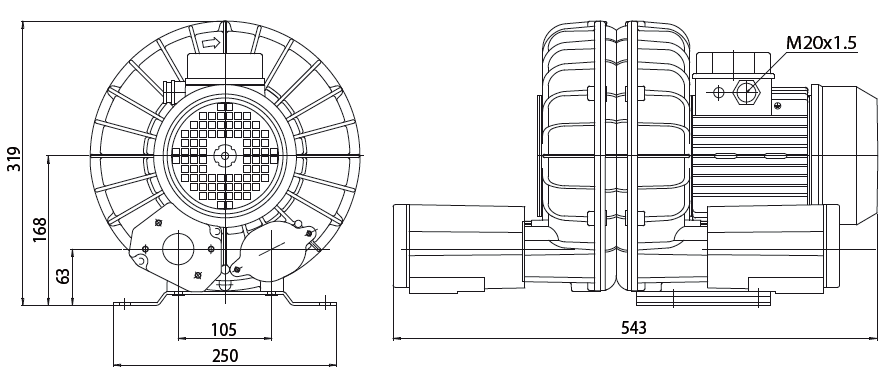 Габаритный чертеж воздуходувки Esam TECNOJET 2V