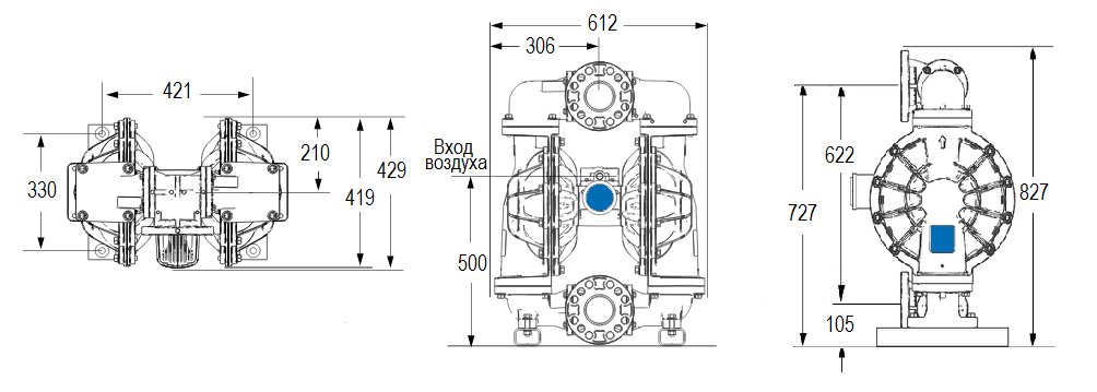 Габаритный чертеж насоса Graco HUSKY 3300A-A01-A-A2-SS-TP-TP-BN