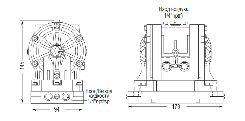 Габаритный чертеж насоса Graco HUSKY 205-KY-NULL-KY-PTFE