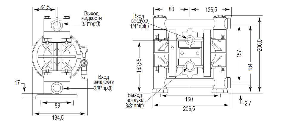 Габаритный чертеж насоса Graco HUSKY 307-AC-AC-PTFE-PTFE