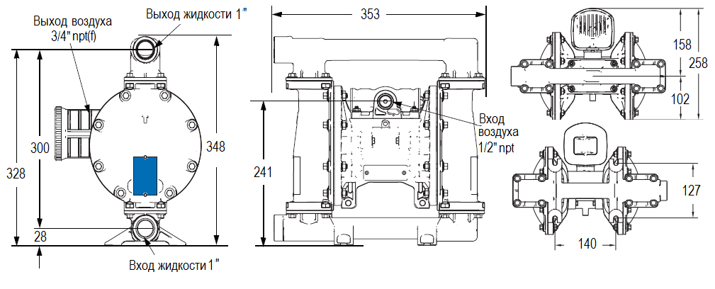 Габаритный чертеж насоса Graco HUSKY 1050S-A01-A-S2-SS-SS-PT-PT