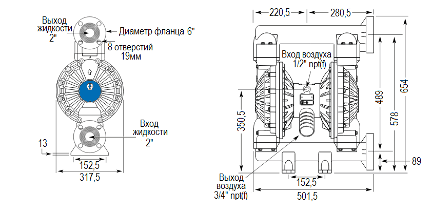Габаритный чертеж насоса Graco HUSKY 2150-PP-PP-PTFE-PTFE