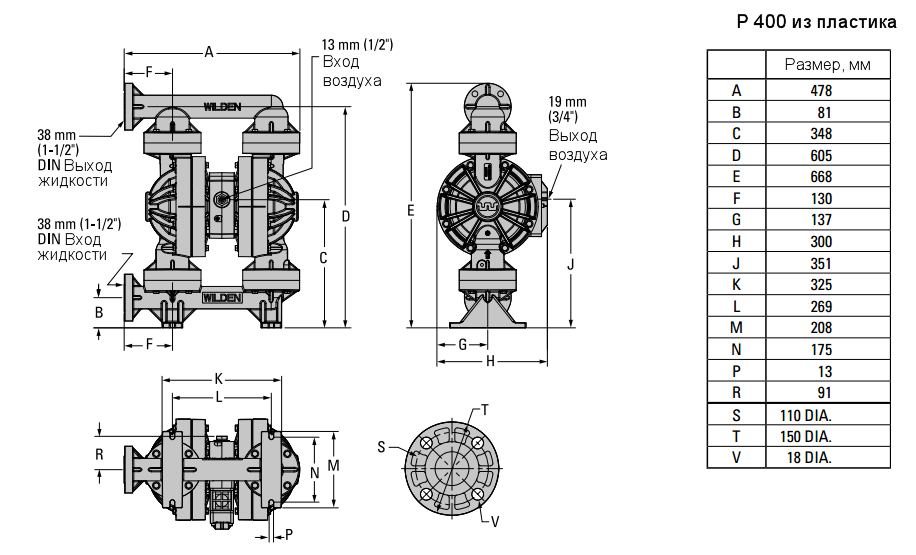 Габаритный чертеж насоса Wilden P400/PPPPP/TNU/TF/PTV/0504