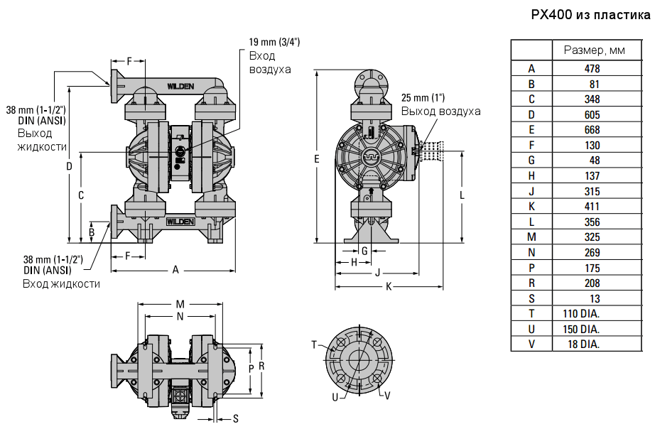 Габаритный чертеж насоса Wilden PX400/KKPPP/TEU/TF/KTV/0504