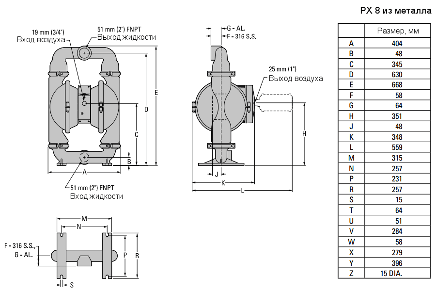 Габаритный чертеж насоса Wilden XPX8/AAAAA/VTS/VT/VT/0014