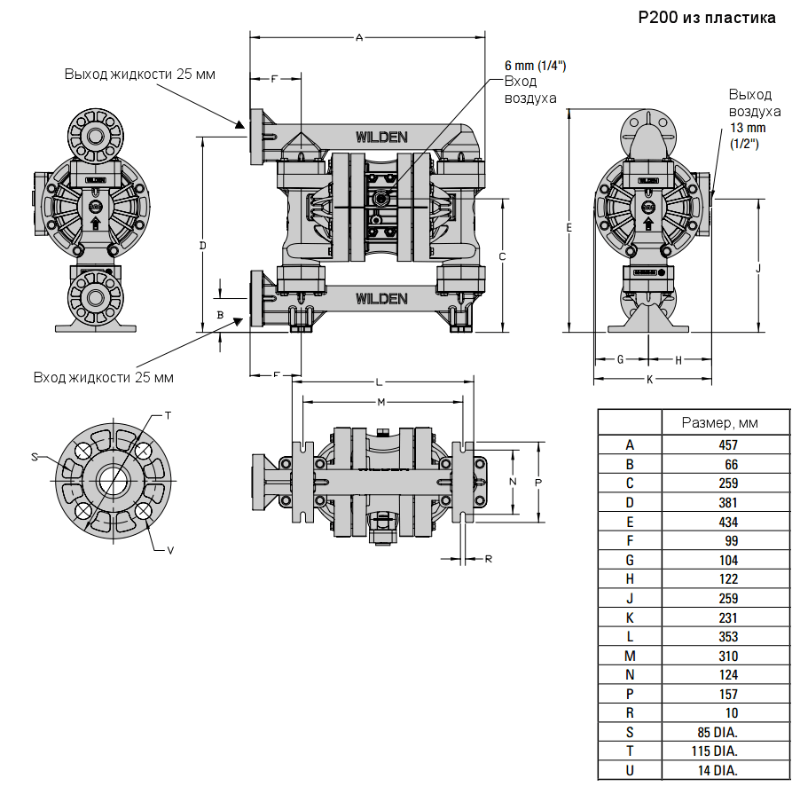 Габаритный чертеж насоса Wilden P200/PKPPP/TEU/TF/PTV/0504