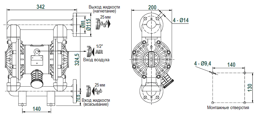 Габаритный чертеж насоса River Wave RV25P-TF