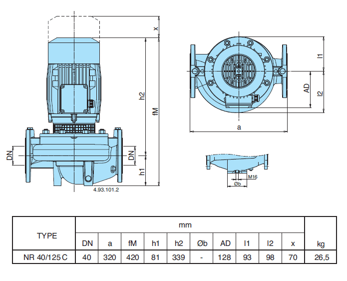 Габаритный чертеж насоса Calpeda NR 40/125C