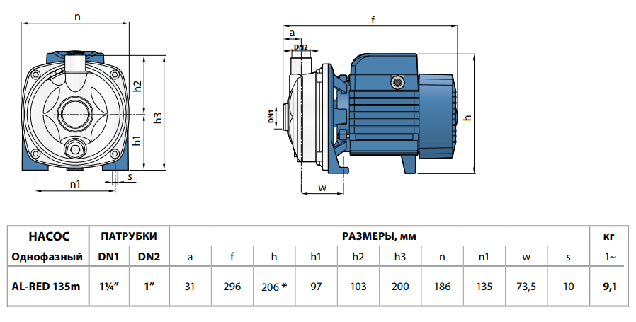 Габаритный чертеж насоса Pedrollo AL-RED 135m