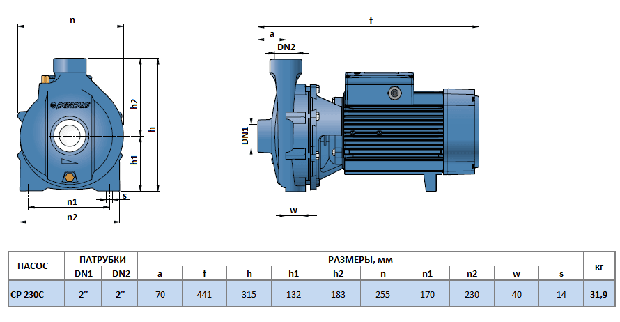 Габаритный чертеж насоса Pedrollo CP 230C
