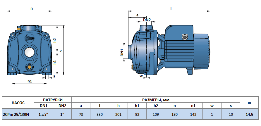 Габаритный чертеж насоса Pedrollo 2CPm 25/130N