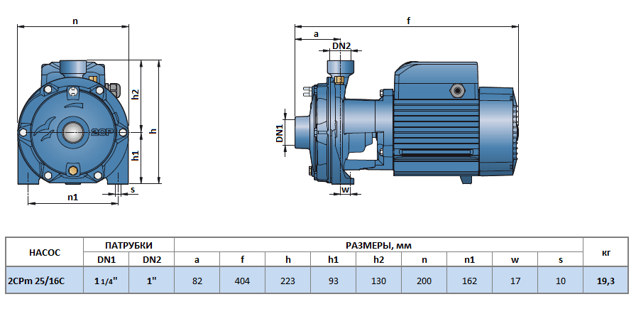 Габаритный чертеж насоса Pedrollo 2CPm 25/16C