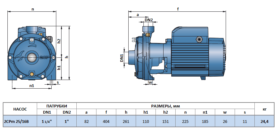 Габаритный чертеж насоса Pedrollo 2CPm 25/16B