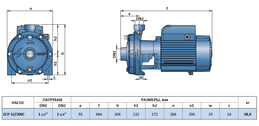Габаритный чертеж насоса Pedrollo 2CP 32/200C
