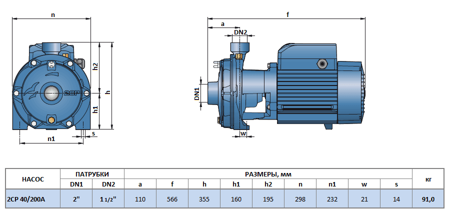 Габаритный чертеж насоса Pedrollo 2CP 40/200A