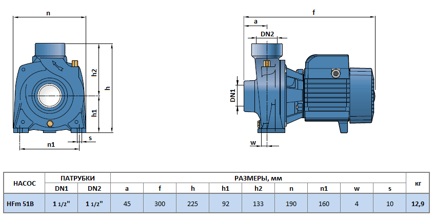 Габаритный чертеж насоса Pedrollo HFm 51B