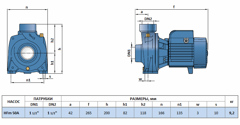 Габаритный чертеж насоса Pedrollo HF 50A