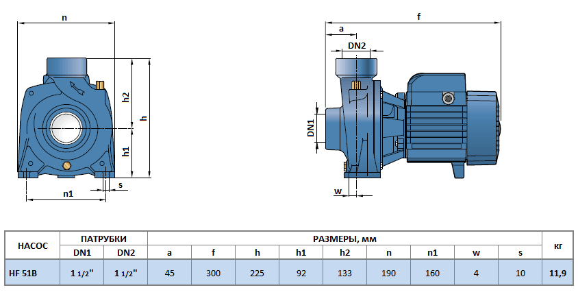 Габаритный чертеж насоса Pedrollo HF 51B