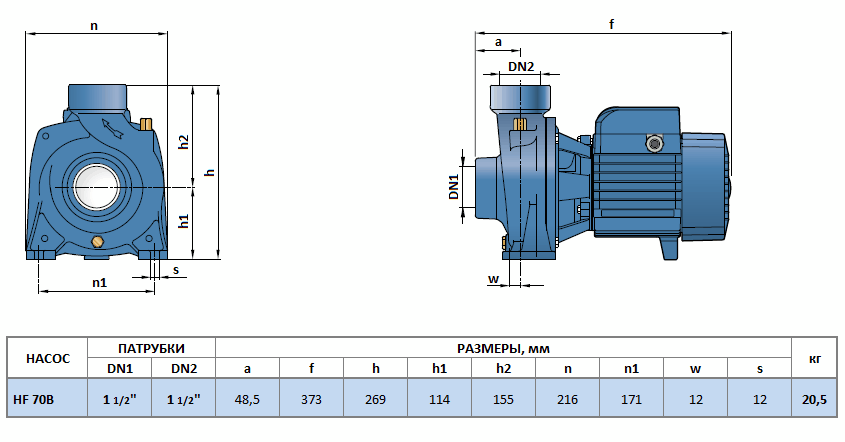 Габаритный чертеж насоса Pedrollo HF 70B