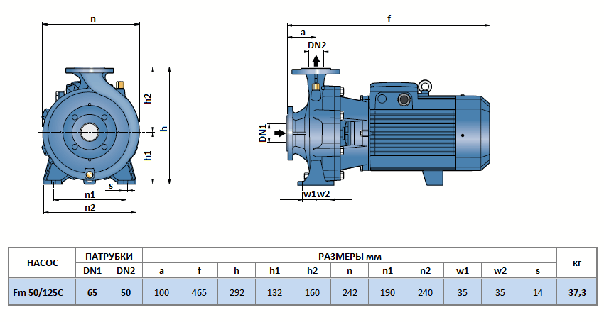 Габаритный чертеж насоса Pedrollo Fm 50/125C