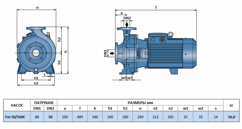 Габаритный чертеж насоса Pedrollo Fm 50/160C