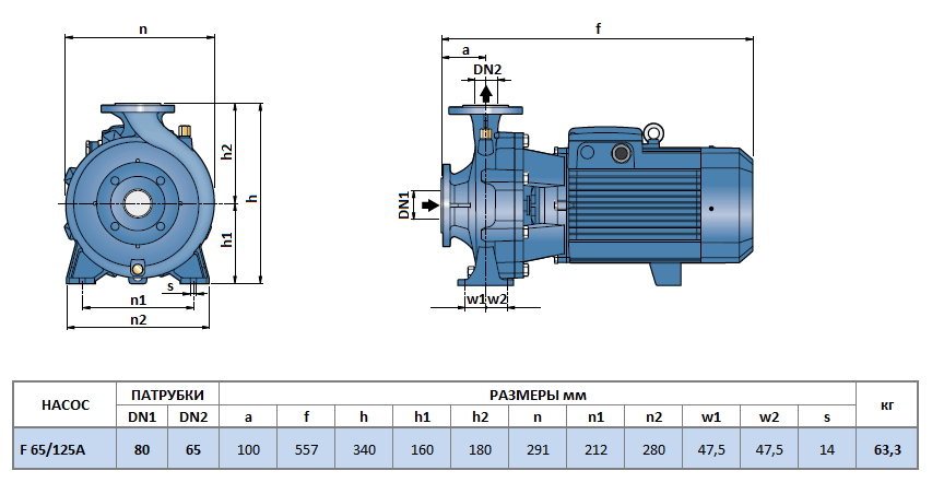 Габаритный чертеж насоса Pedrollo F 65/125A