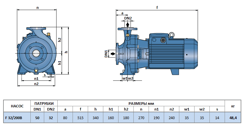 Габаритный чертеж насоса Pedrollo F 32/200B