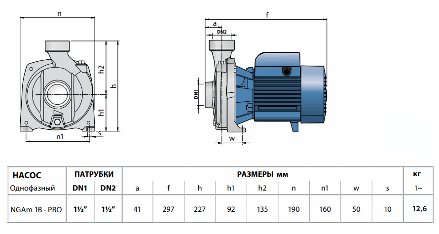Габаритный чертеж насоса Pedrollo NGAm 1B-PRO