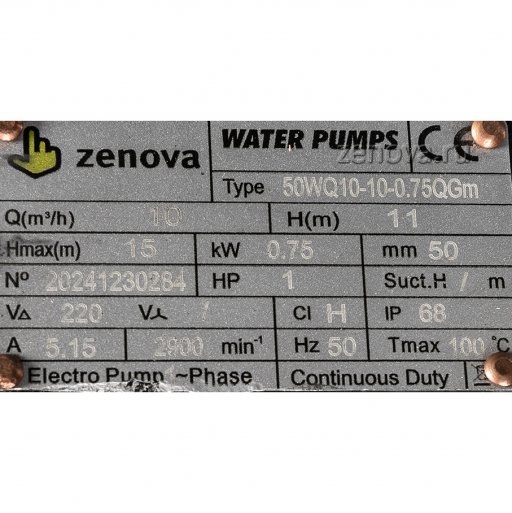 Шильдик насоса Zenova 50WQ10-10-0.75QG_220
