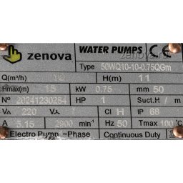 Шильдик насоса Zenova 50WQ10-10-0.75QG_220