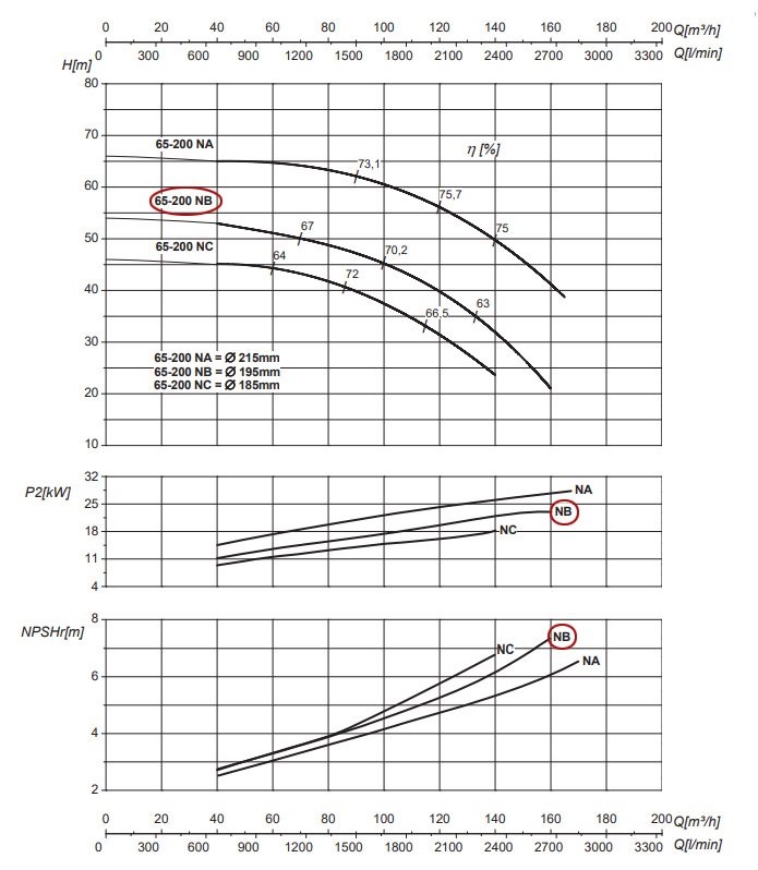 График рабочих характеристик центробежного насоса Saer IR65-200 NB