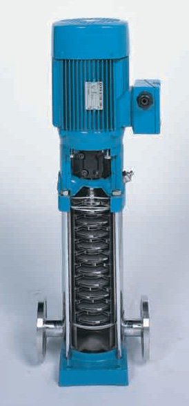 Вертикальный многоступенчатый насос с закрытыми крыльчатками в разрезе