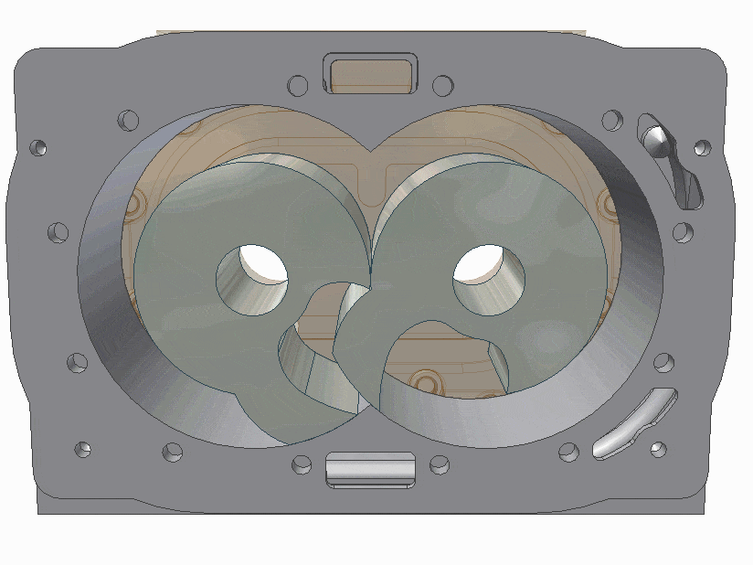 Вращение кулачков в рабочей камере когтевого насоса. Анимация Northey Technologies.