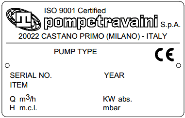 стандартный шильдик водокольцевого насоса pompetravaini